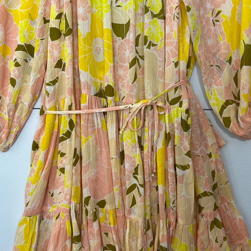 Free‎ People Tunic Top Mini Dress XS Yellow Floral Wrap Tiered Ruffle Boho Gauze